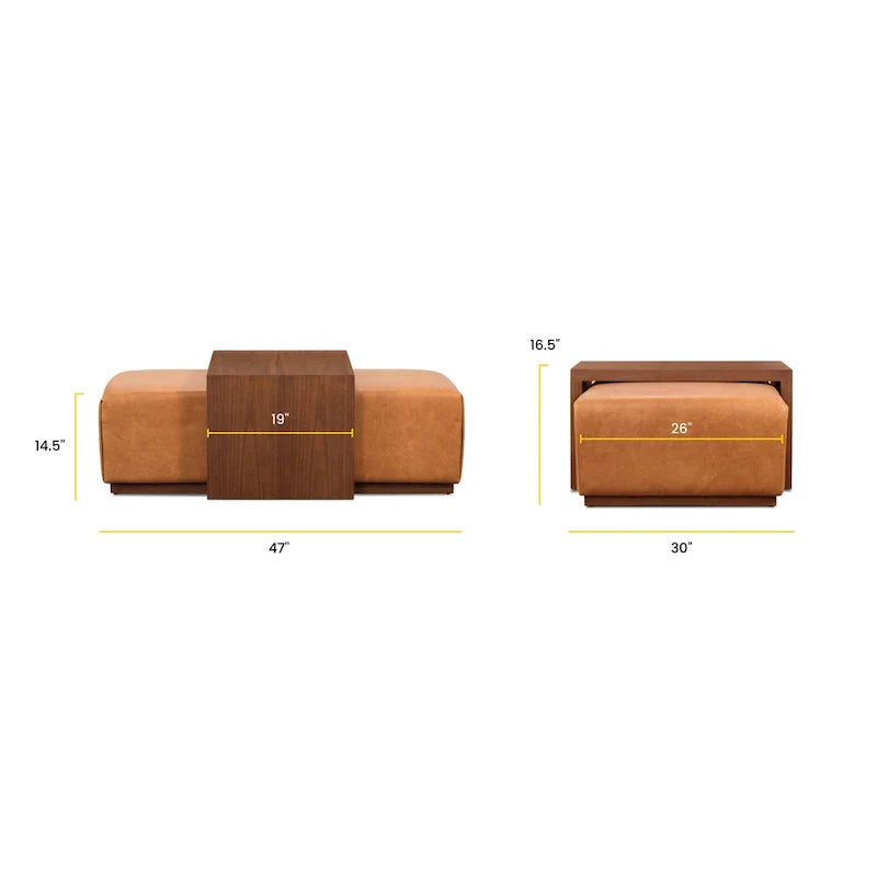 Pouf Jarmo Poly & Bark con Tavolino Regolabile in Noce - Vera Pelle Italiana Pieno Fiore