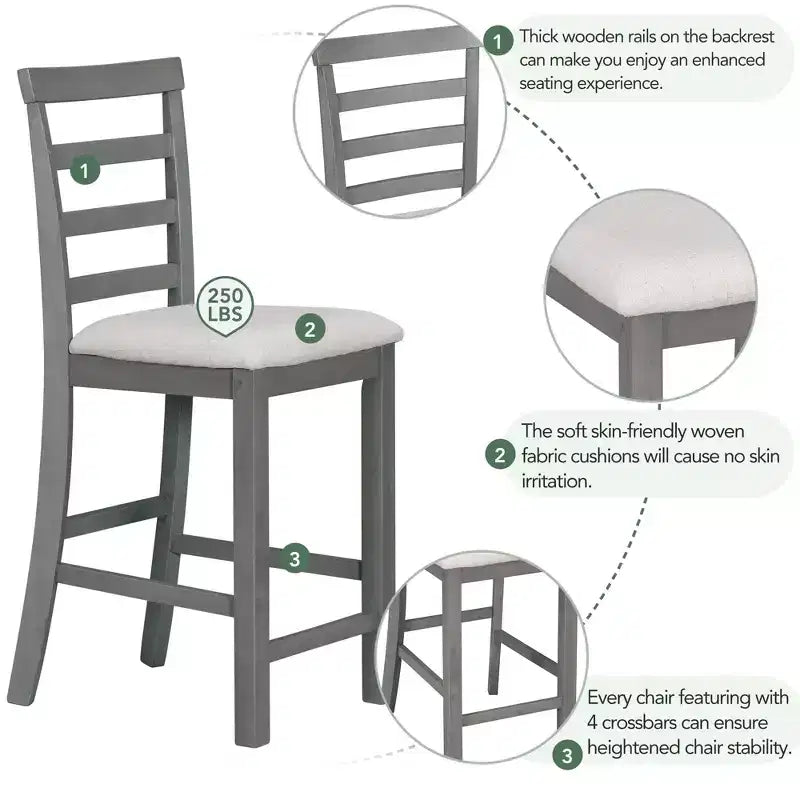 Set da pranzo da 5 pezzi in stile rustico ad altezza bancone con sedie per 4 persone, tavolo rettangolare in legno con ripiani e scomparto per bar/vino