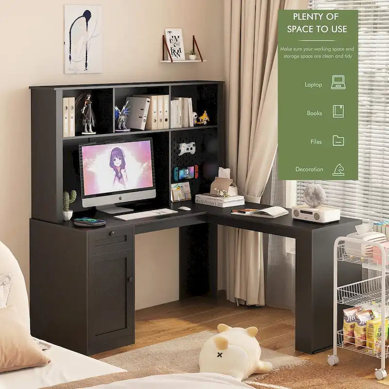 Scrivania a L con presa di corrente, scrivania per computer con cassetti, libreria e mobiletto, scrivania angolare moderna, scrivania per ufficio domestico