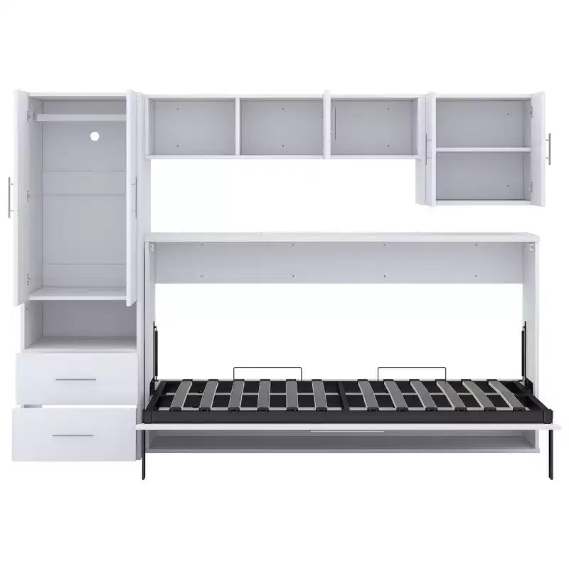 Letto a scomparsa matrimoniale, Struttura letto a parete in legno con armadio integrato, cassetti e ripiani aperti, bianco - ModernLuxe