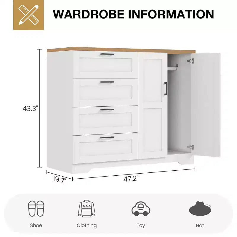 Guardaroba Armadio in Legno H 43.3 con 4 Cassetti e Asta Appendiabiti, Mobile Contenitore Multifunzionale per Camera da Letto
