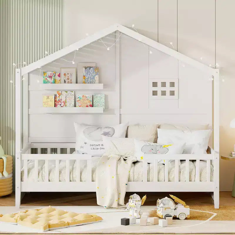 Letto a capanna per bambini con scaffali e sponde, Struttura letto in legno stile Montessori per bambini con finestra e striscia luminosa scintillante