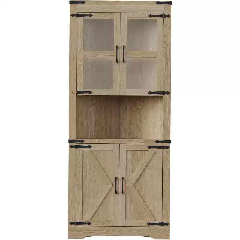 Mobile angolare alto da 69", mobile angolare da dispensa in stile rustico, salvaspazio, anta in vetro, ripiani regolabili, per soggiorno, cucina