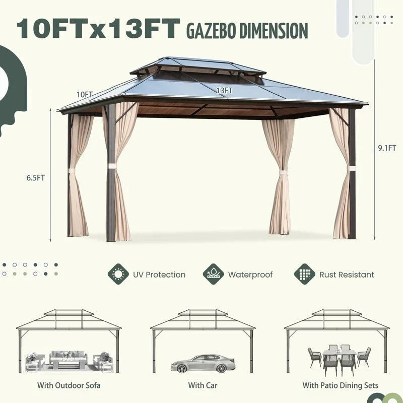 EROMMY Gazebo a tetto rigido, Pergola da esterno con doppio tetto, zanzariere e tende, Tenda da sole resistente per patio, cortile, feste in piscina