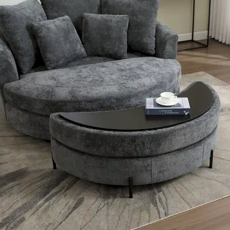 Poltrona Moderna Rotonda a Botte con 5 Cuscini e Pouf Opzionale