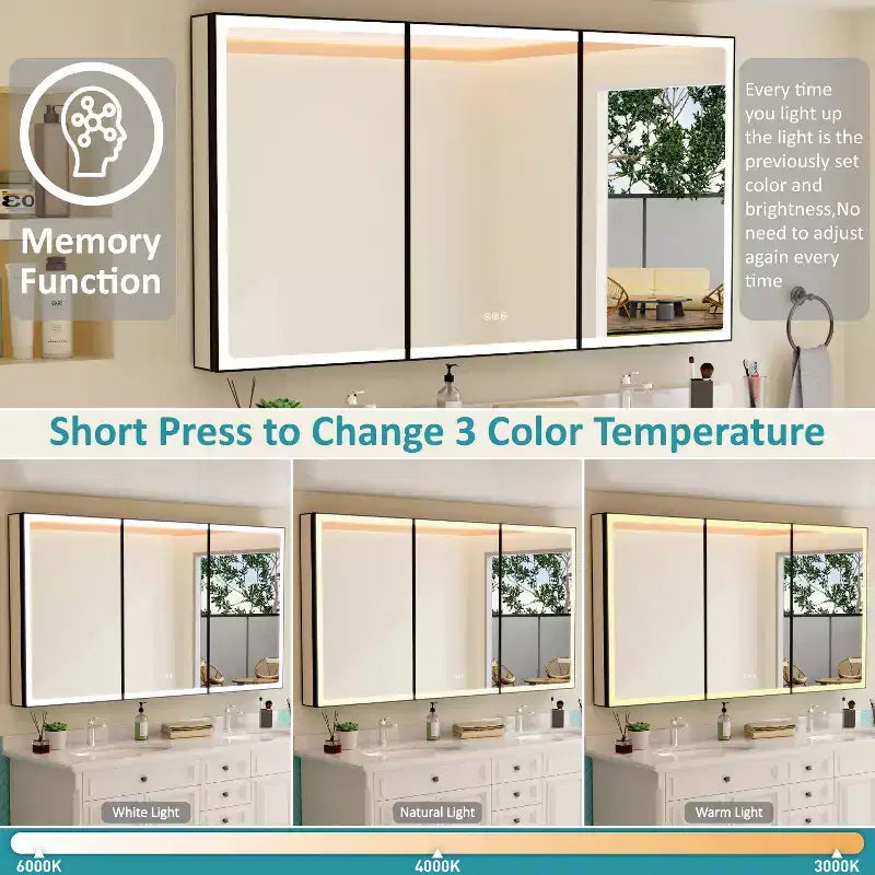 Pensile da Bagno con Specchio LED, Montaggio a Superficie o Incasso, Luce Dimmerabile, Antiappannamento, Ripiani Regolabili