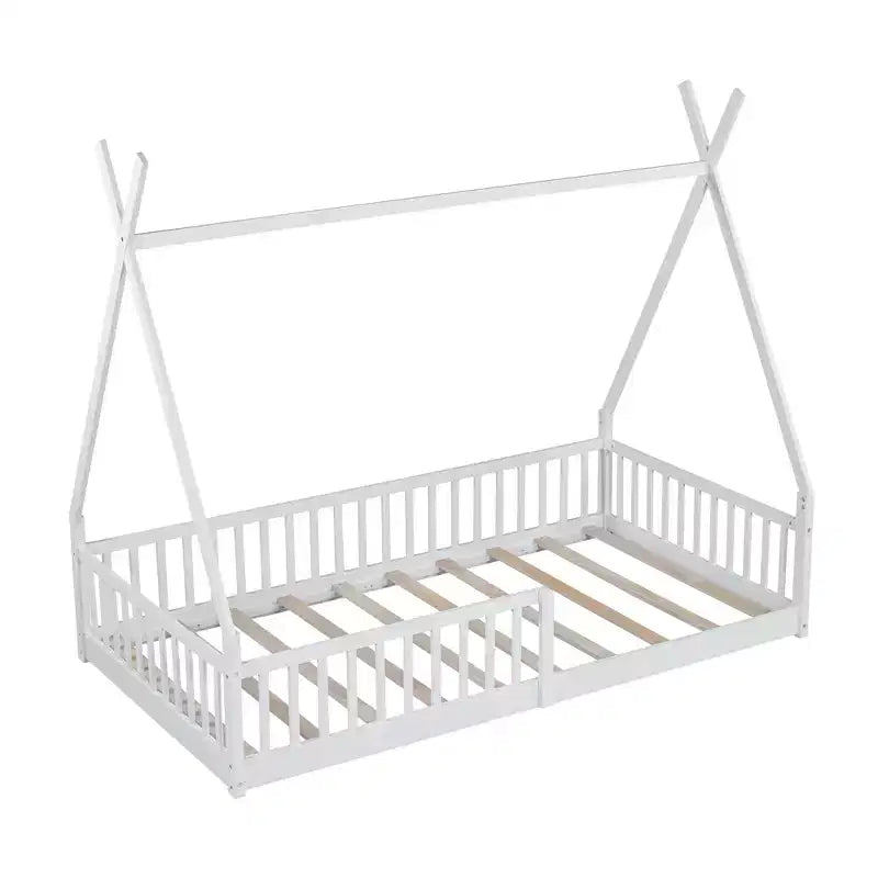 Letto a pavimento per bambini, letti a tenda a una piazza, letto a pavimento Montessori con doghe e sponde di protezione, struttura letto a casetta in legno per ragazzi e ragazze