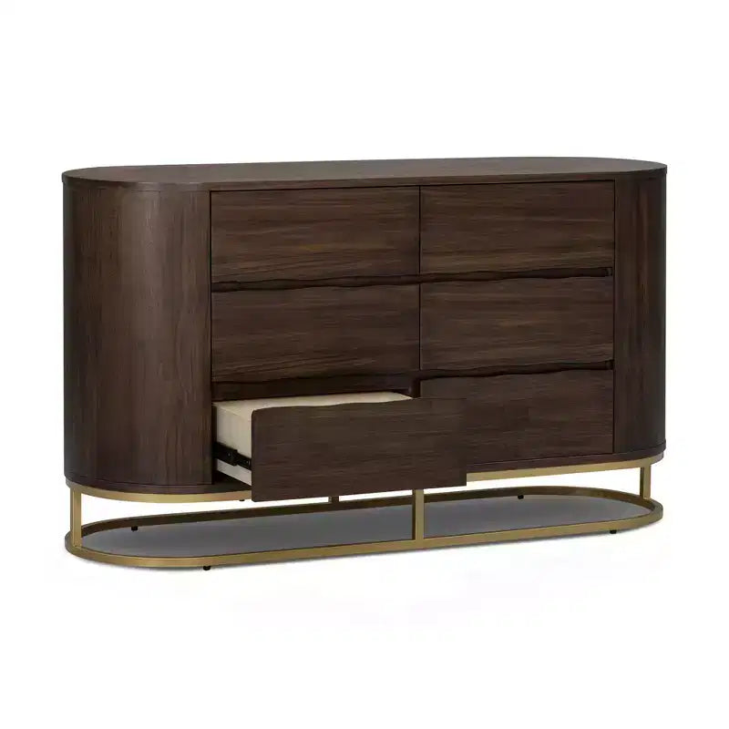 Comò moderno a 6 cassetti con design a bordo vivo, base in metallo e costruzione durevole in legno misto