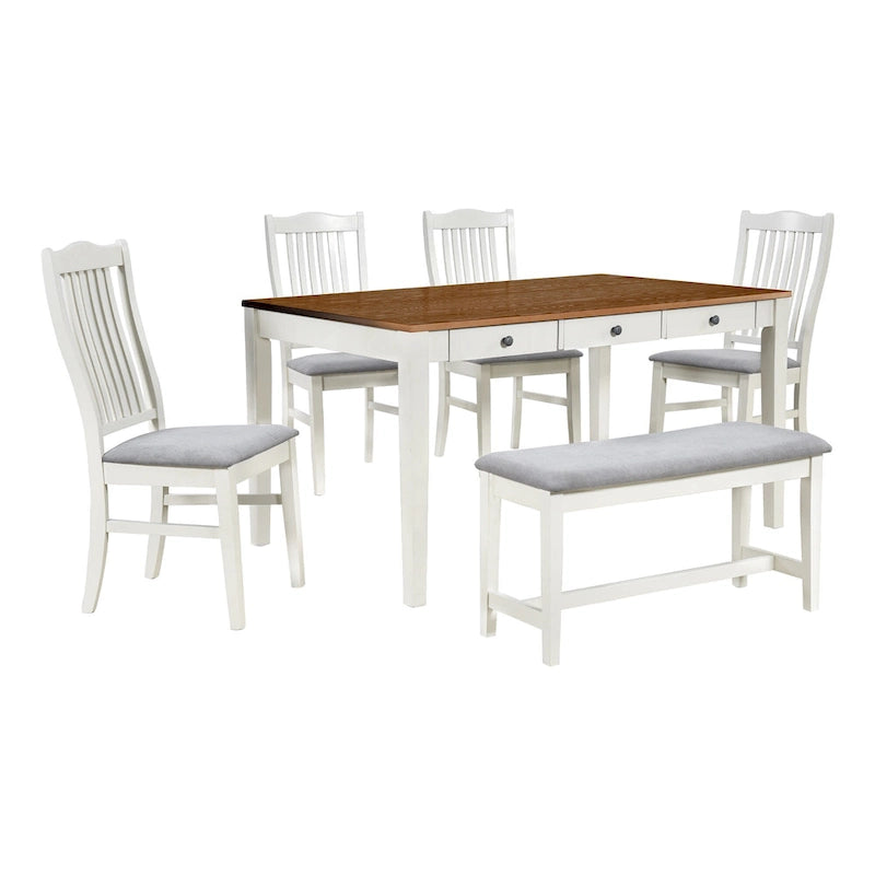 Set da pranzo di 6 pezzi in legno con 4 sedie e panca, tavolo con cassetto