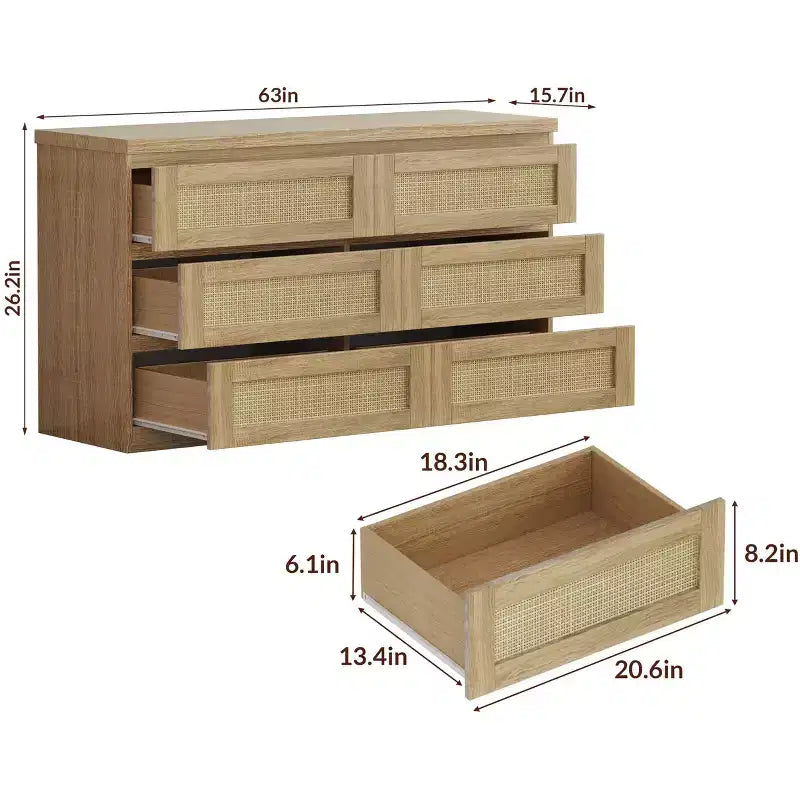 Cassettiera in Rattan per Camera da Letto con 6 Cassetti, Comò Largo Moderno in Stile Fattoria da 120 cm, Mobile Contenitore in Legno per Armadio, Soggiorno, Corridoio