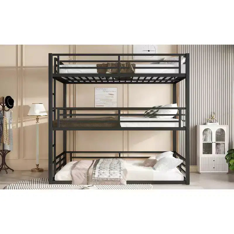 Letto a castello triplo completo, in metallo, con ringhiere di sicurezza, letto a castello robusto con design a riduzione di rumore, nero