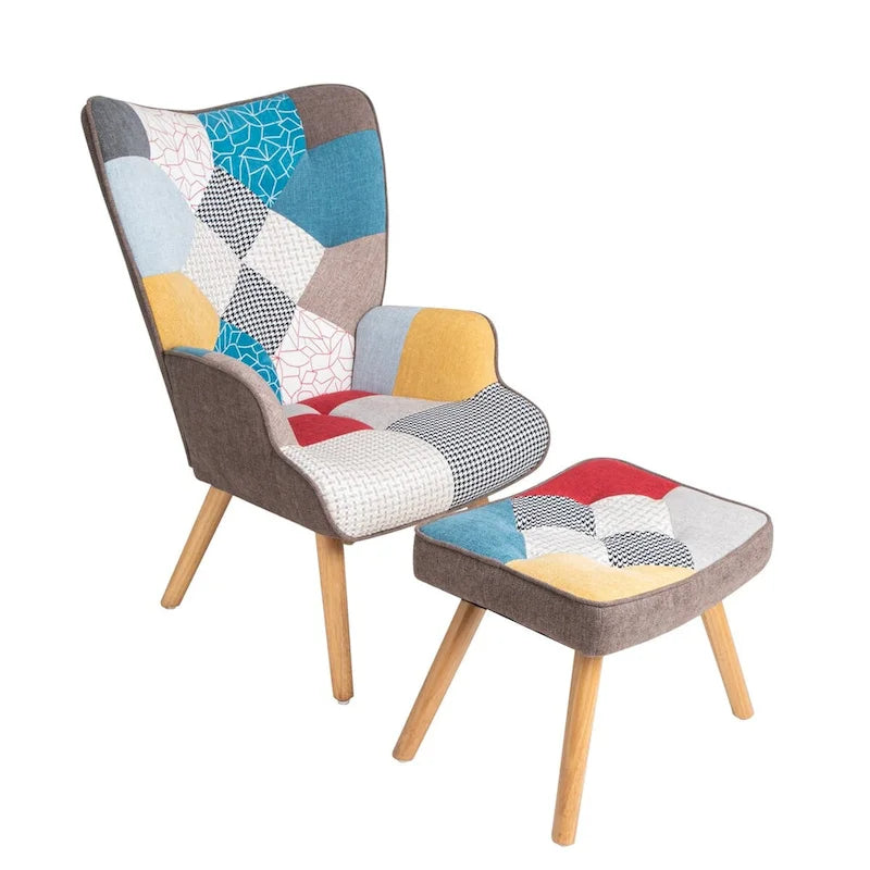 Poltrona con Pouf, Set Sedia e Ottomana per Soggiorno, Comoda Poltroncina Laterale per Camera da Letto, Superficie in Tessuto con Giunture Creative