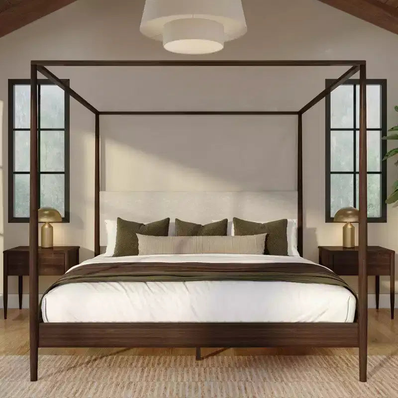 Letto a baldacchino Harbor King con testiera imbottita, biondo/Swiss Coffee (MD2411-01)