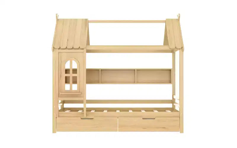 Letto a piattaforma a forma di casa con cassetti contenitori e finestra, struttura in legno massello con mensole, design giocoso per bambini, bianco chiaro