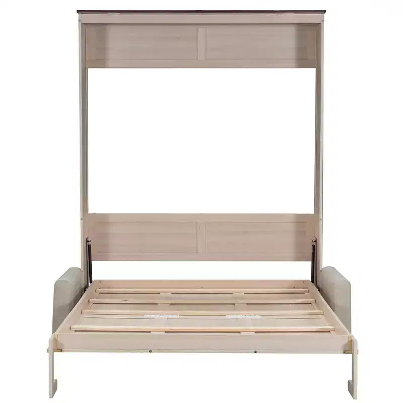 Letto a scomparsa Queen Size con divano, letto a scomparsa in legno Queen con luce LED, letto a cassapanca pieghevole con per camera degli ospiti, Beige