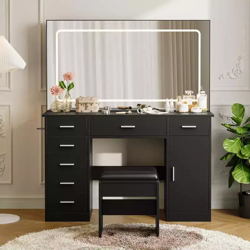 Toeletta Moderna con Grande Specchio, 7 Cassetti, Luci LED, Sedia, 3 Modalità di Illuminazione, Supporto per Asciugacapelli e Stazione di Ricarica per Camera da Letto