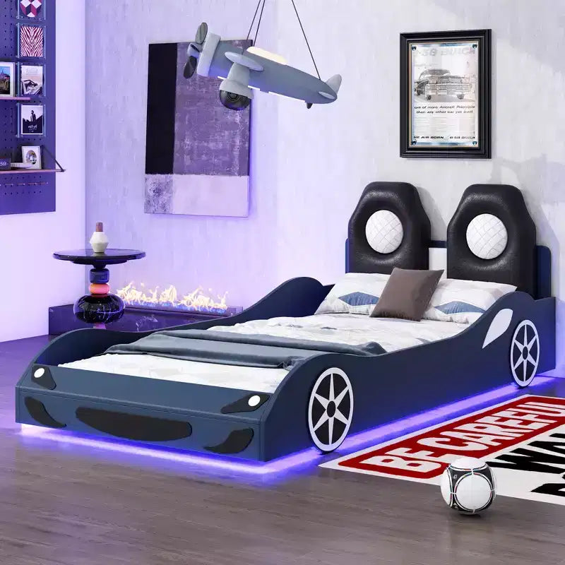 Letto a piattaforma a forma di auto da corsa Whisen Wood, formato singolo, con LED e schienale imbottito