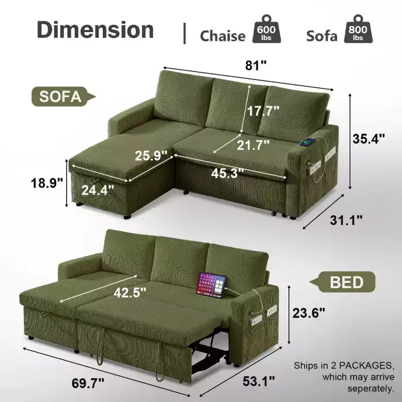 Divano Letto Estraibile 2 in 1 Dyonery con Chaise Longue Contenitore e USB, Divano Angolare in Velluto a Coste per Soggiorno