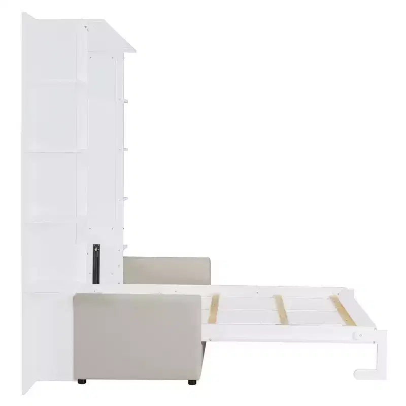 Letto a scomparsa Queen Murphy con divano, letto a scomparsa Queen Size con armadio, letto a parete pieghevole con libreria e mensole per camera degli ospiti o ufficio