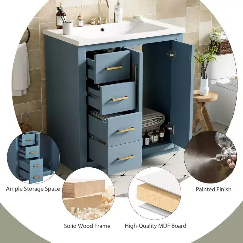 Mobile bagno 30 pollici con lavabo singolo, armadietto e 3 cassetti – Nero / Blu / Verde / Indaco / Bianco