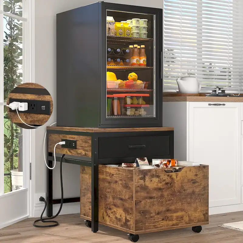 Mini Frigo con Stazione di Ricarica, Tavolino Laterale con Cassetti e Mobiletto su Ruote