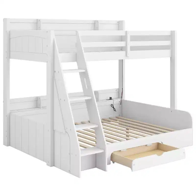 Letto a Castello con Letto Matrimoniale a Una Piazza e Mezza, con Contenitore, Luci a LED e Stazione di Ricarica, Letto a Castello in Legno con Scaffali Laterali per Bambini e Ragazzi