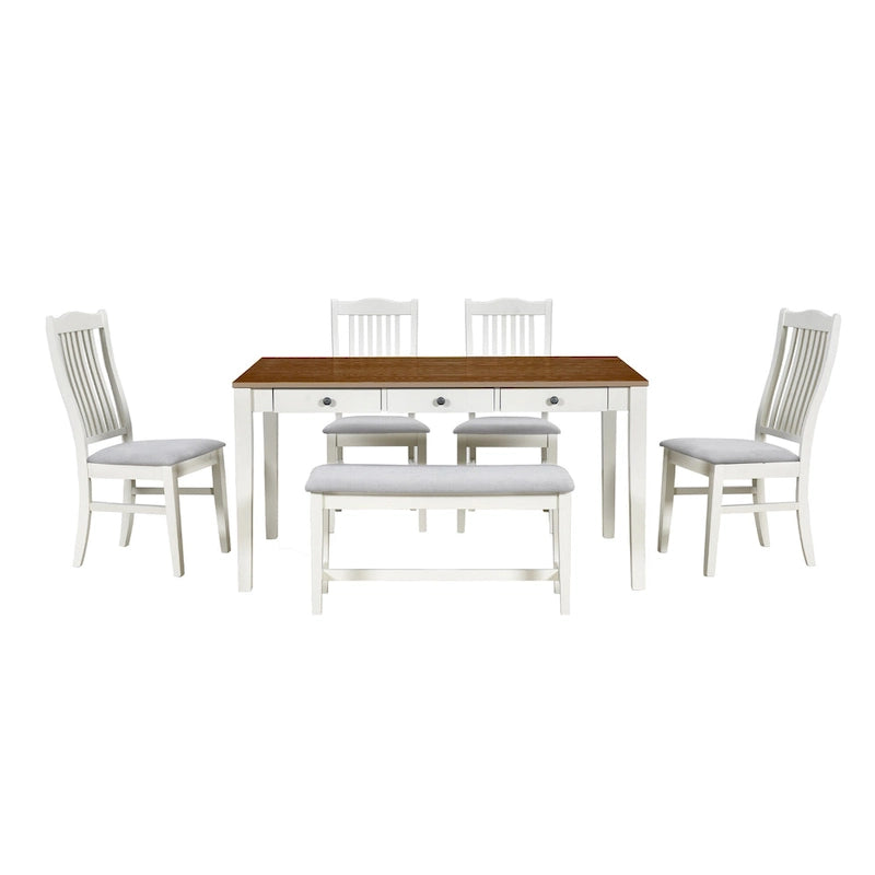 Set da pranzo di 6 pezzi in legno con 4 sedie e panca, tavolo con cassetto