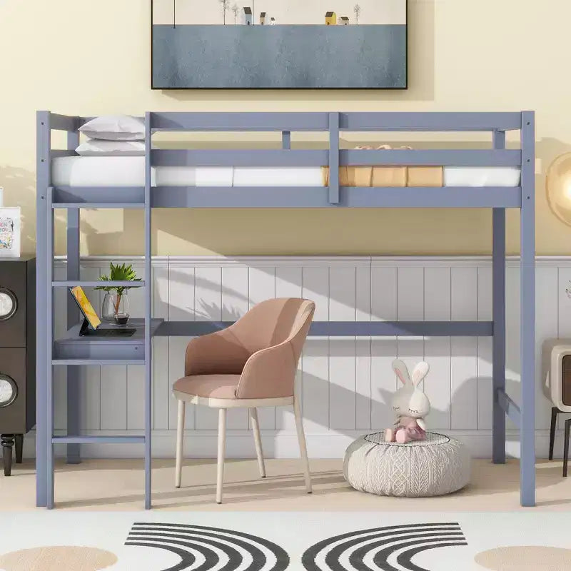 Letto a soppalco Okak Minimalism con scaletta, letto a soppalco singolo in legno di gomma con spondina di sicurezza e scrivania integrata, telai per letti per bambini, ragazzi