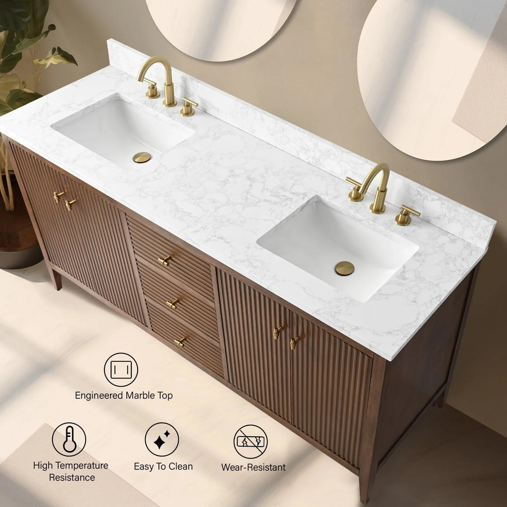 Mobile lavabo doppio Vanity Art 72 per bagno con piano in marmo composito