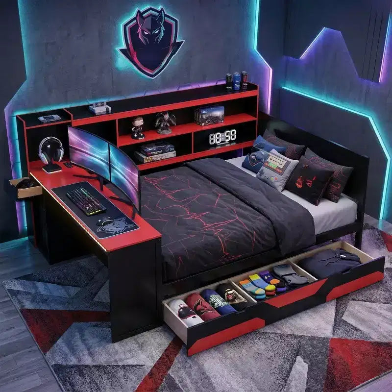 Letto a Giorno Gamer Hub con Scrivania, Luci RGB, Stazione di Ricarica, Cassetti e Testiera Libreria
