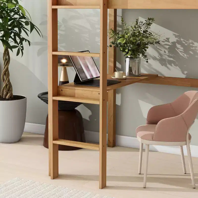 Letto a soppalco Okak Minimalism con scaletta, letto a soppalco singolo in legno di gomma con spondina di sicurezza e scrivania integrata, telai per letti per bambini, ragazzi