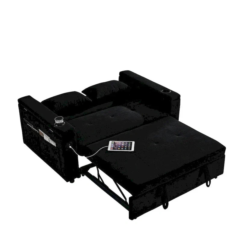 Divano Letto Estraibile 54", Divano Reclinabile 2 Posti con Contenitore, Cuscino Lombare, Presa USB