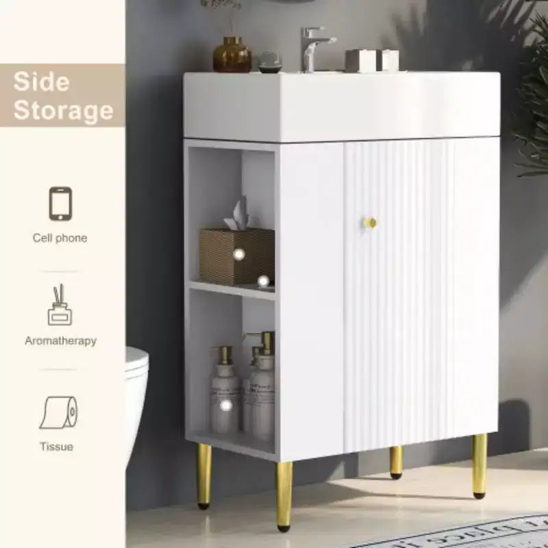 21.6 Mobile da bagno bianco, Mobile combinato, Armadietto contenitore per bagno, Lavabo singolo in ceramica, Vano contenitore a sinistra