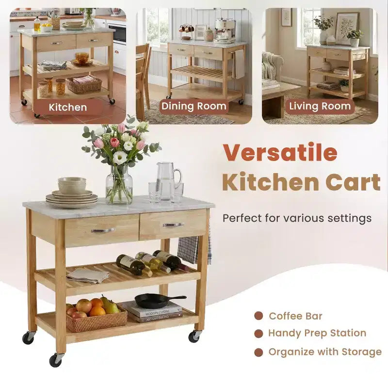 Carrello da Cucina su Ruote con Piano in Marmo, Isola da Cucina in Legno Massello con 2 Cassetti, Carrello da Cucina a 3 Livelli con Ruote Staccabili Bloccabili e Portasciugamani