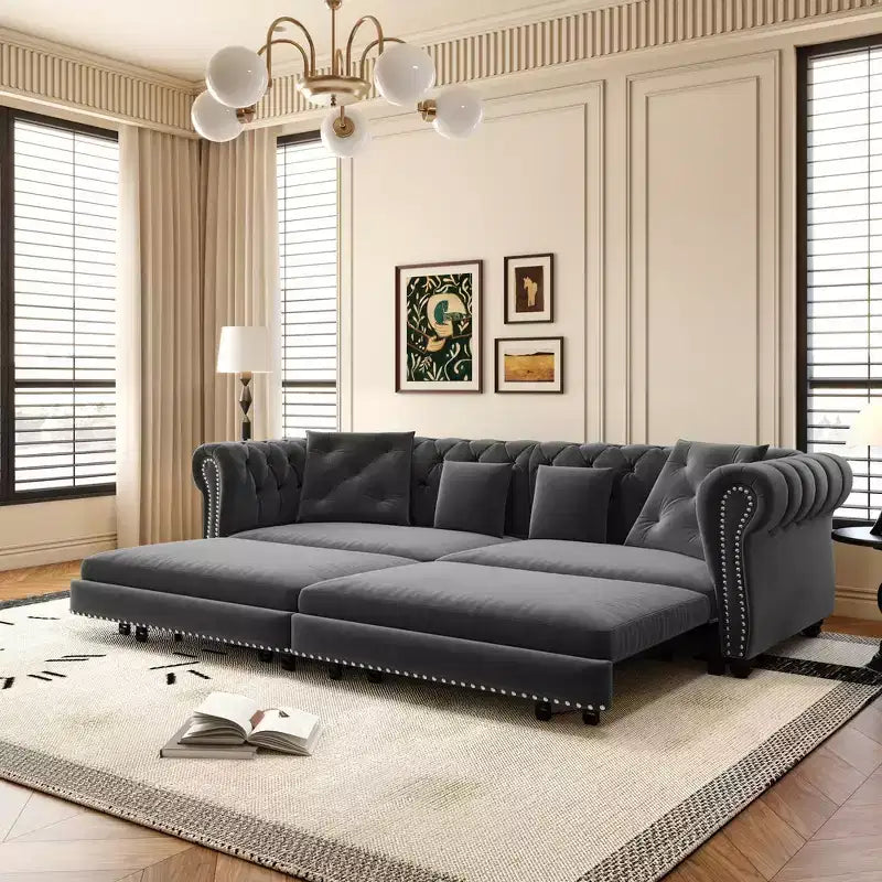 Canapé-lit gigogne 3-en-1 King Size Whisen Velvet et canapé convertible avec pouf mobile, design capitonné