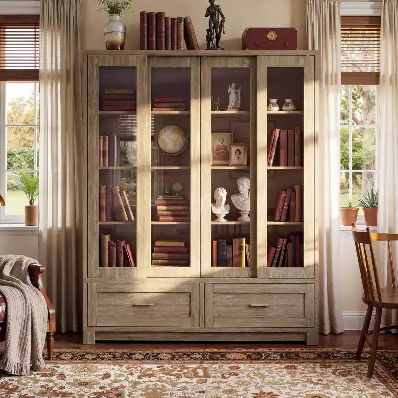 Libreria espositiva Famapy in rovere chiaro: 63W, ante scorrevoli in vetro + cassetto. Ampio organizer per biblioteche domestiche e soggiorni