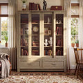 Libreria espositiva Famapy in rovere chiaro: 63W, ante scorrevoli in vetro + cassetto. Ampio organizer per biblioteche domestiche e soggiorni