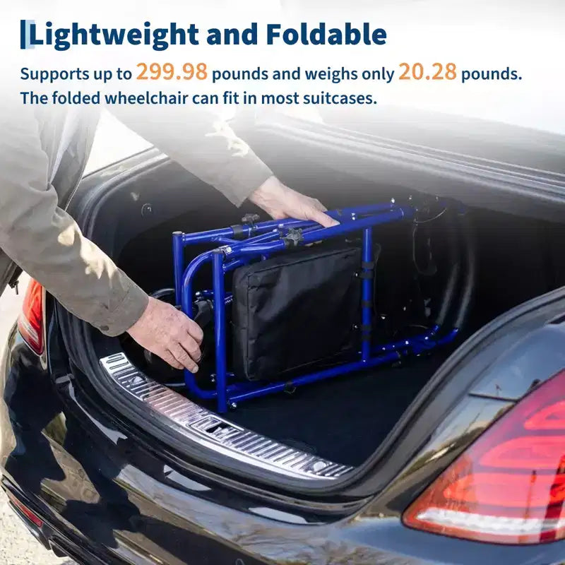 Sedia a rotelle pieghevole portatile per adulti, capacità 135 kg, 6 ruote, altezza regolabile, vano portaoggetti sotto il sedile, sedile comodo e pedale poggiapiedi