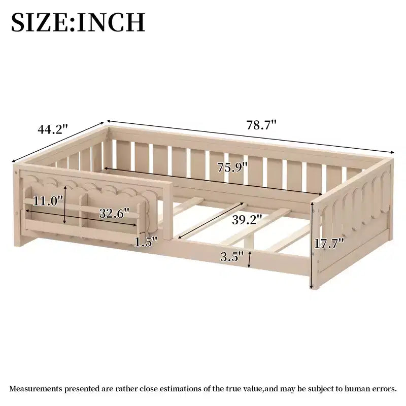 Struttura letto a piattaforma per bambini di dimensioni Twin e Full con sponda di protezione, librerie integrate e ripiani portaoggetti