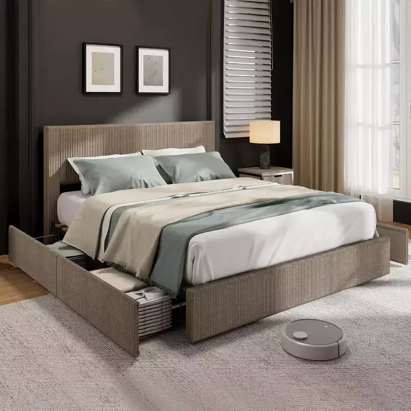 CuisinSmart - Struttura letto in velluto a coste con testiera, struttura letto imbottita con piattaforma con 4 cassetti portaoggetti e supporto a doghe in legno