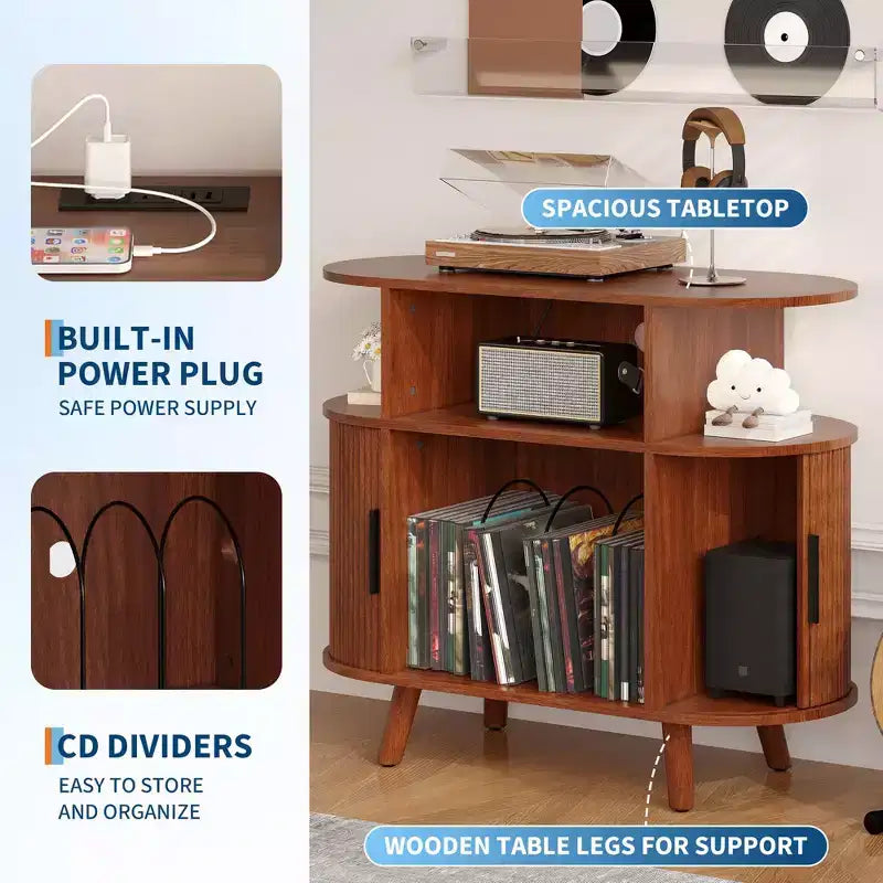 Mobile portadischi moderno di metà secolo, scaffale in legno per giradischi, mobile aperto per vinili, per soggiorno, camera da letto