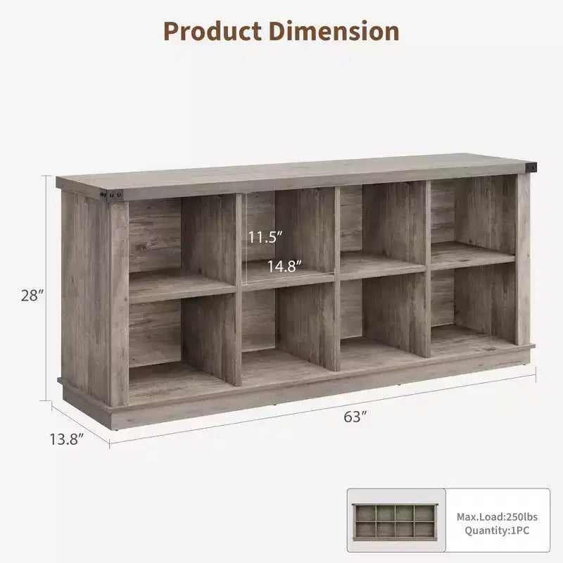 Libreria organizer a 8 cubi, libreria orizzontale rustica, libreria in legno da 62 pollici per ingresso, librerie lunghe e basse per soggiorno