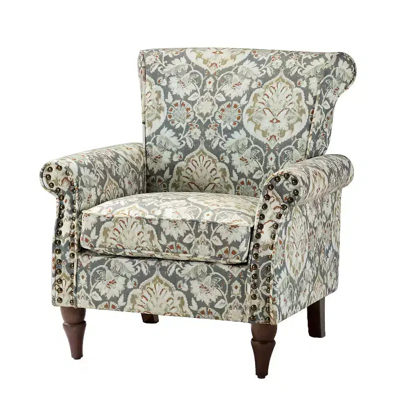 Fauteuil en bois traditionnel Araceli, rembourré à motifs floraux, avec dossier à oreilles et garniture cloutée | ART OF LIVING DESIGNS