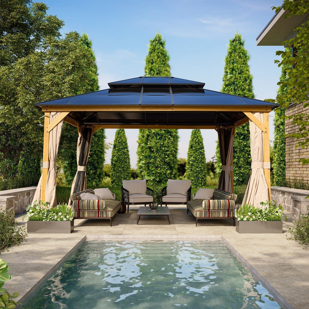 EROMMY Gazebo a tetto rigido, Pergola da esterno con doppio tetto, zanzariere e tende, Tenda da sole resistente per patio, cortile, feste in piscina