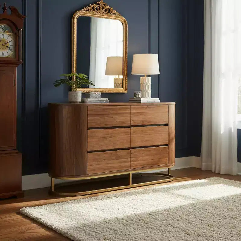 Comò moderno a 6 cassetti con design a bordo vivo, base in metallo e costruzione durevole in legno misto