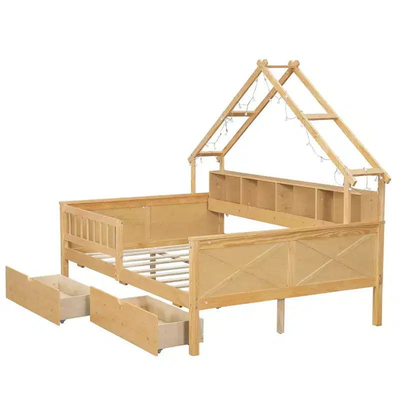 Struttura letto a casetta a grandezza naturale con cassetti, letto a piattaforma a casetta con luci LED, mensole e cassetti portaoggetti, divano letto in legno con tetto e sponda