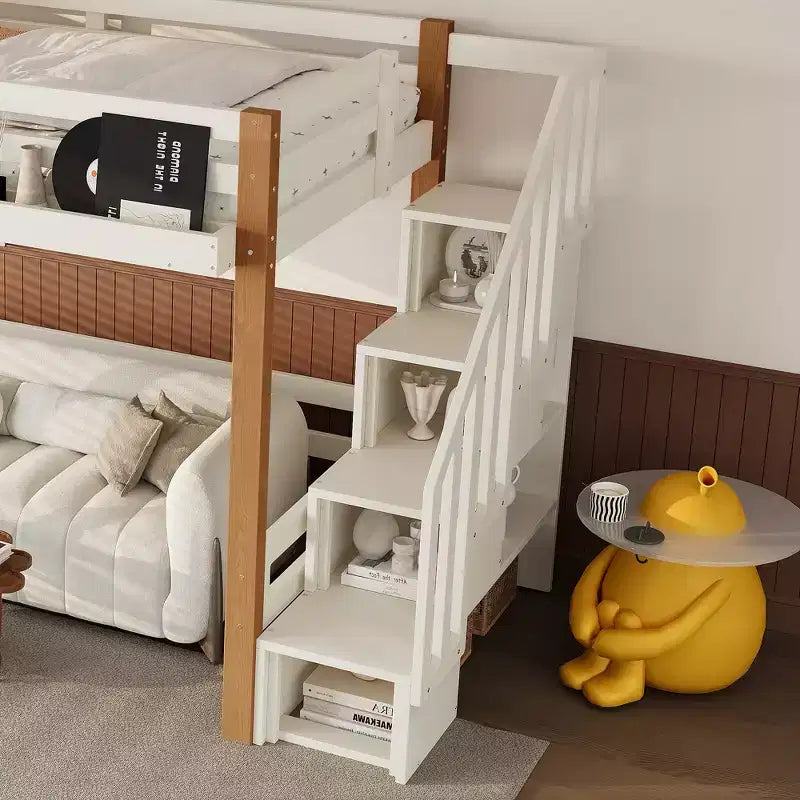 Letto a soppalco moderno con appendiabiti, mensole e spazio sotto il letto