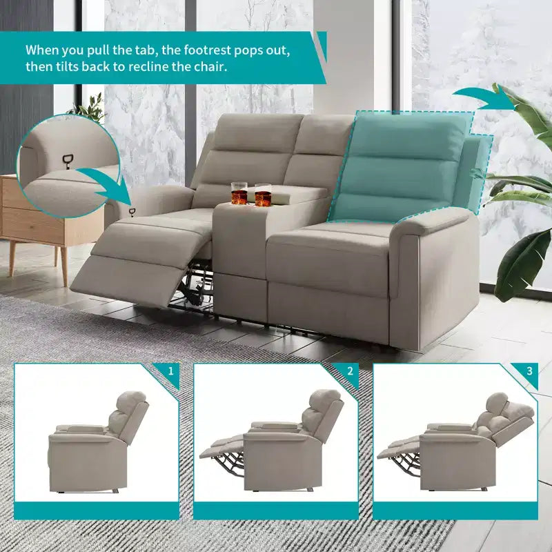 Divanetto reclinabile in tessuto tecnico beige/grigio, 2 posti, schienale e poggiapiedi regolabili