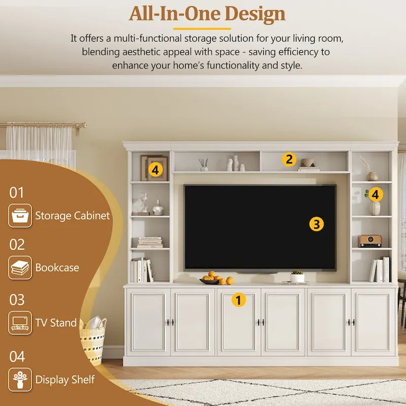 Set da parete per centro di intrattenimento a 4 pezzi con ponte per TV fino a 70 pollici, mobile TV con ripiani regolabili, console multimediale grande