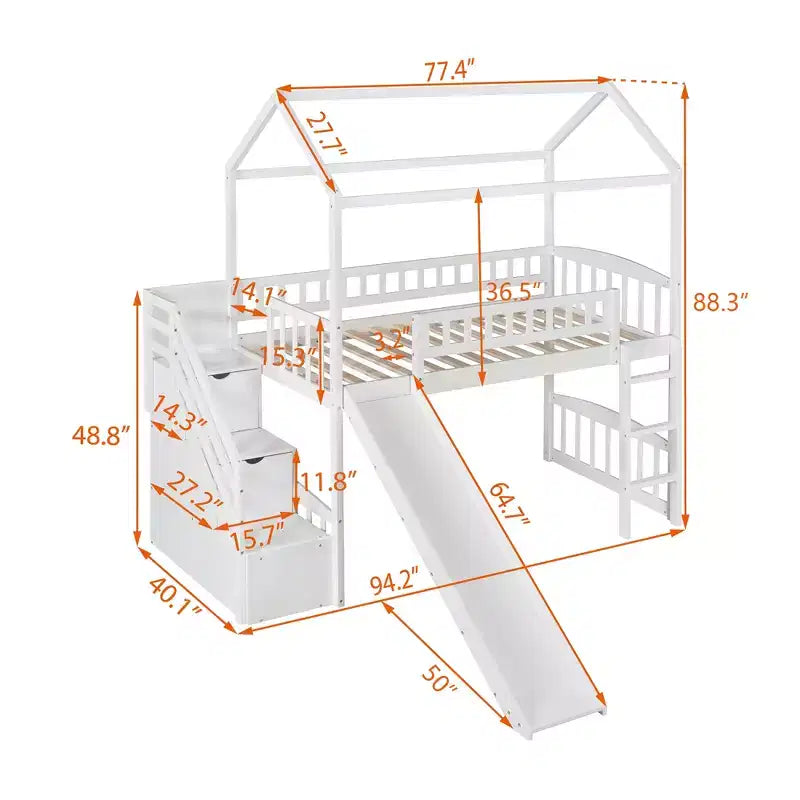 Letto a soppalco a castello con scivolo e scale, letto a soppalco con cassetti contenitori, letto a soppalco in legno a capanna per bambini e neonati
